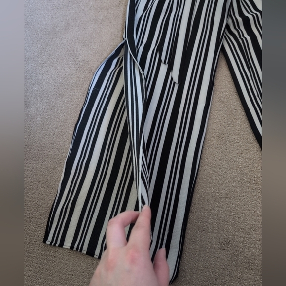 Monteau Black & Cream Pinstriped Spaghetti Strap Belted Split Wide Leg Jumpsuit - Picture 10 of 11